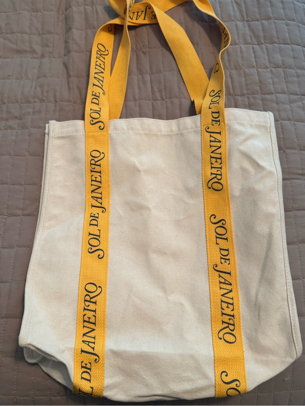 Sol de Janeiro Canvas Tote with Yellow Logo Straps and Natural Body